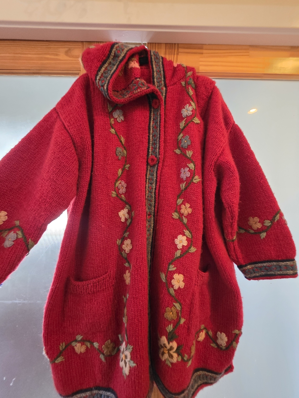 Red Floral Embroidered Hooded Knit Coat